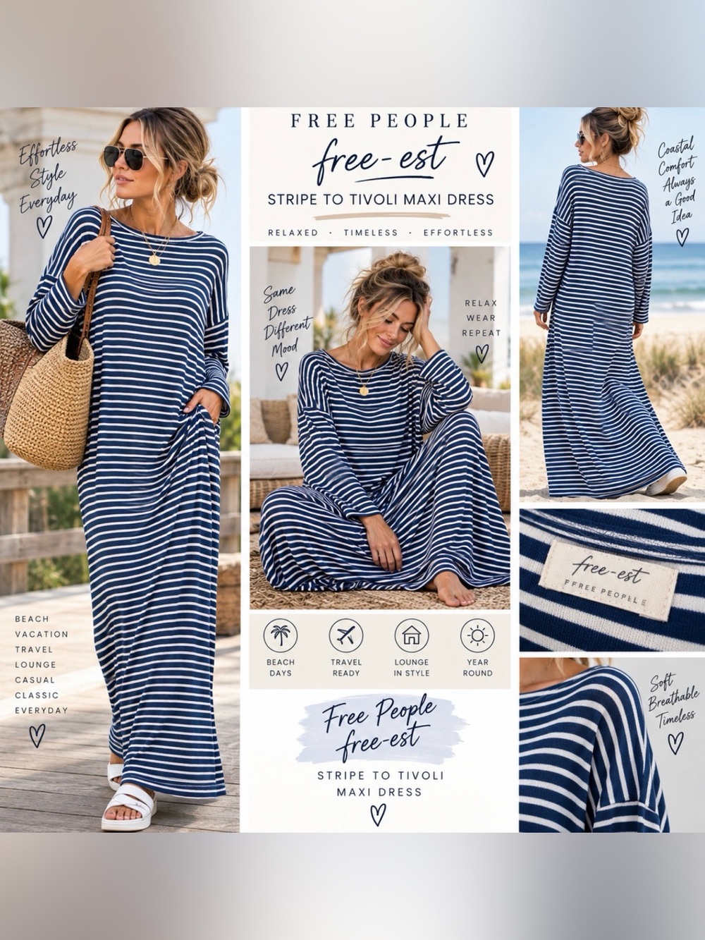 Free People Free-est Stripe Tivoli Maxi Dress Women L Classic Timeless Relaxed